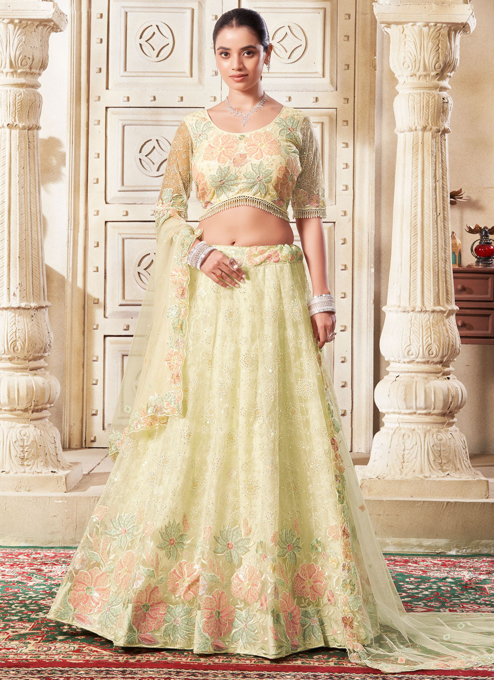 Light yellow Bridesmaid & Wedding Guest Lehenga Choli with Diamond Work