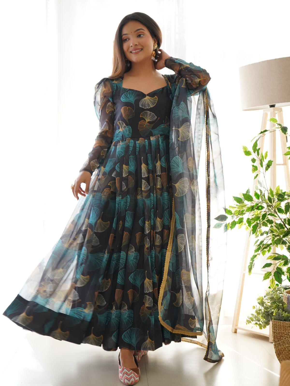New Arrivals Enchanting Organza Taby Silk Gown with Digital Print - Inayakhan Shop 