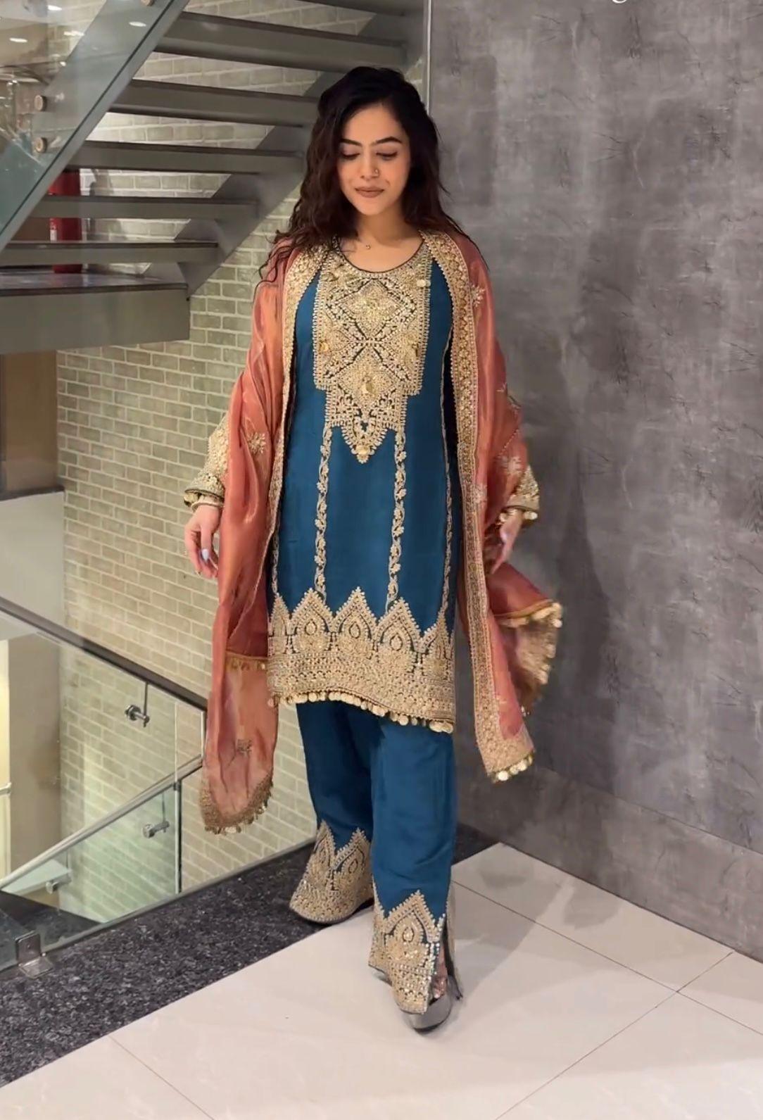 New Designer Pakistani Style Party Wear Pure Chinon Silk Top, Palazzo & Dupatta Set - Inayakhan Shop 