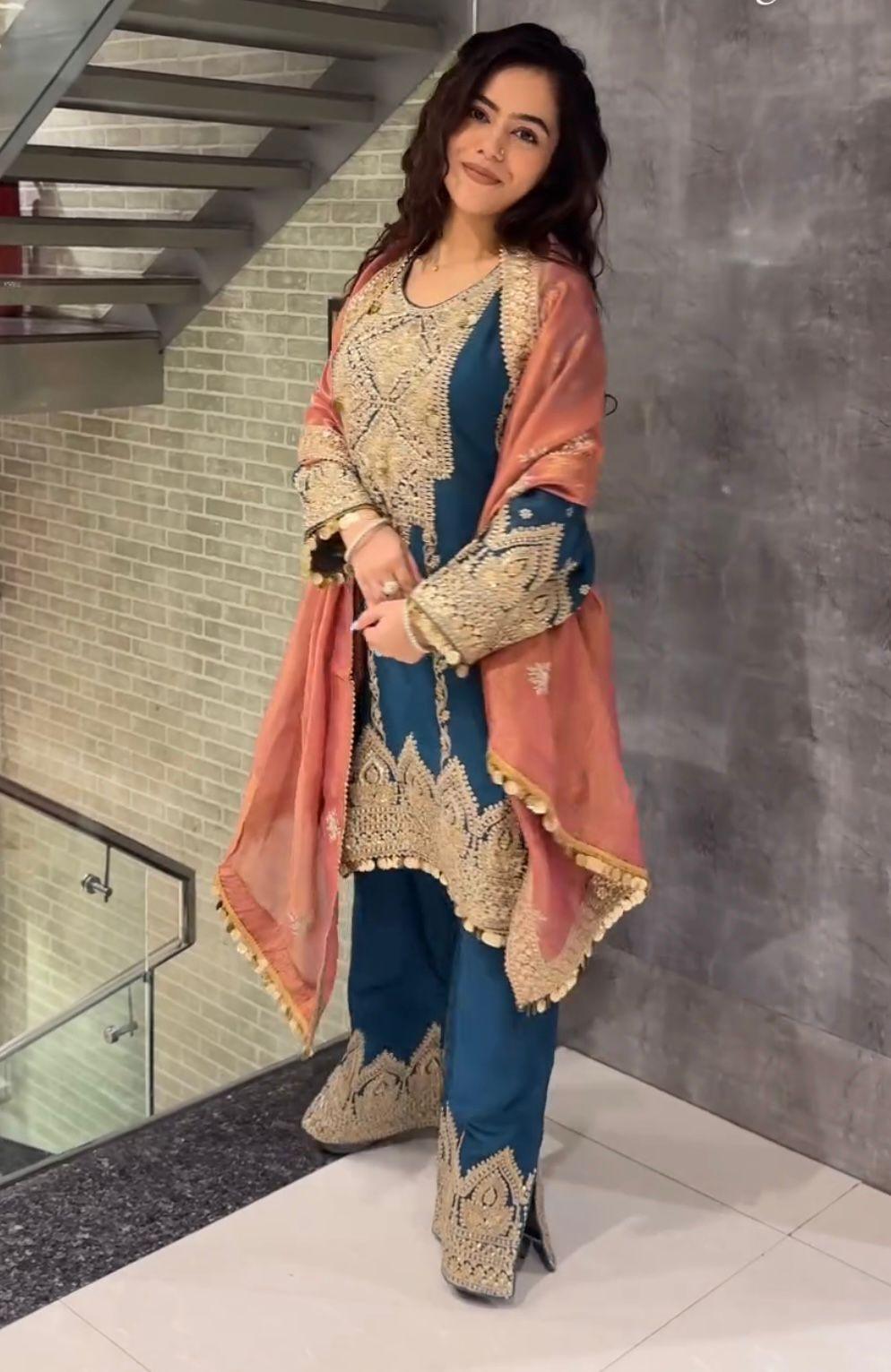 New Designer Pakistani Style Party Wear Pure Chinon Silk Top, Palazzo & Dupatta Set - Inayakhan Shop 