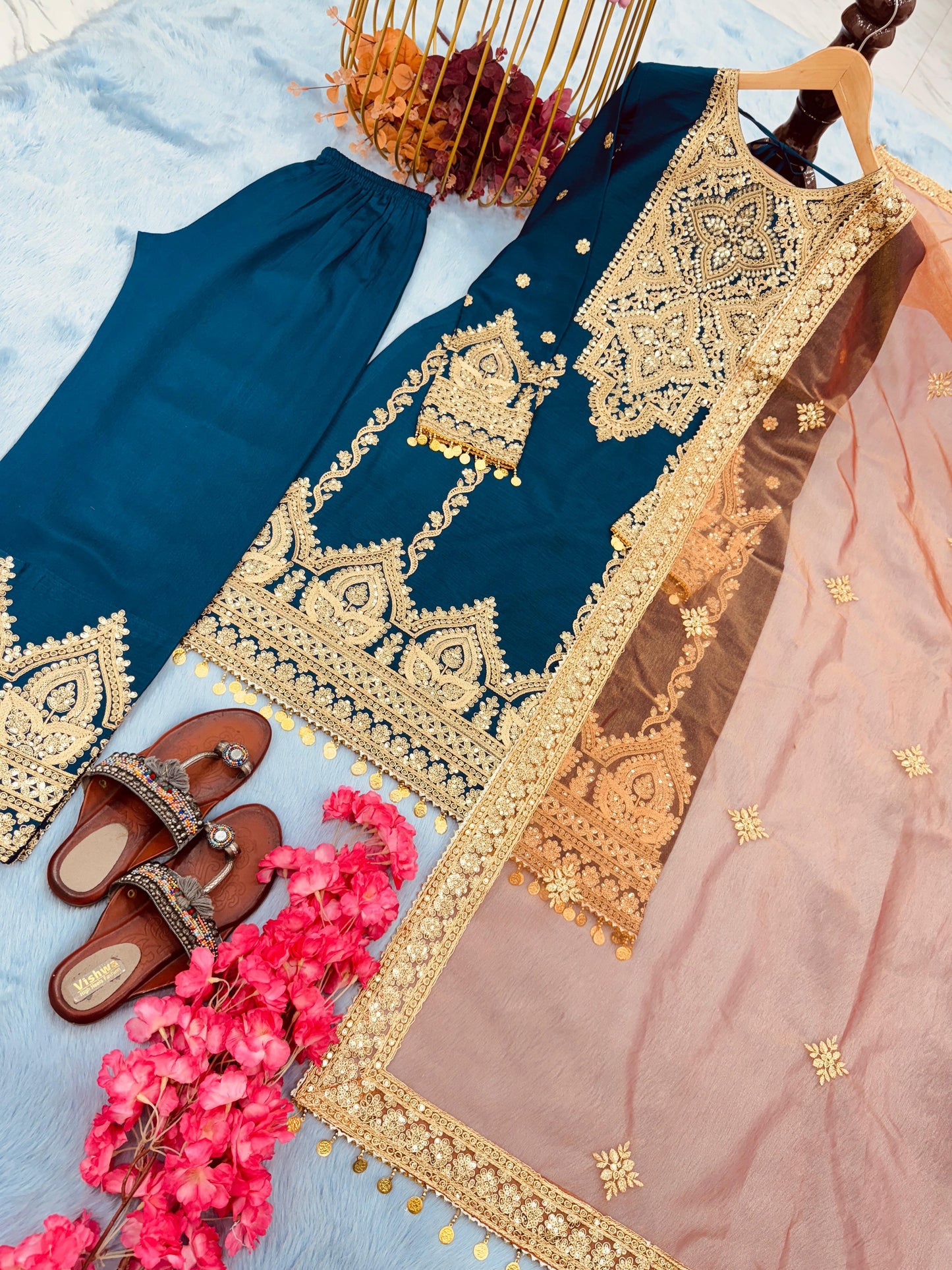 New Designer Pakistani Style Party Wear Pure Chinon Silk Top, Palazzo & Dupatta Set - Inayakhan Shop 