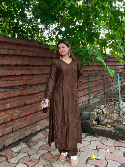 Premium Cocoa Brown Chanderi Silk Lucknow Chikankari Kurti & Lace Pant Set (NEW)
