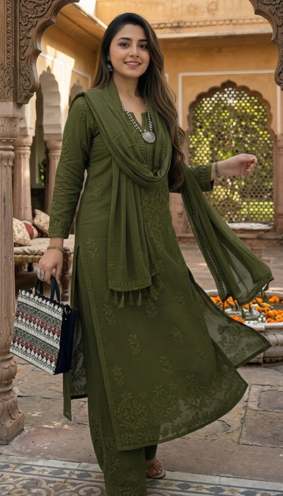 Earthy Olive Green Ethereal Dyeable Modal Chikankari Kurta Set (New)