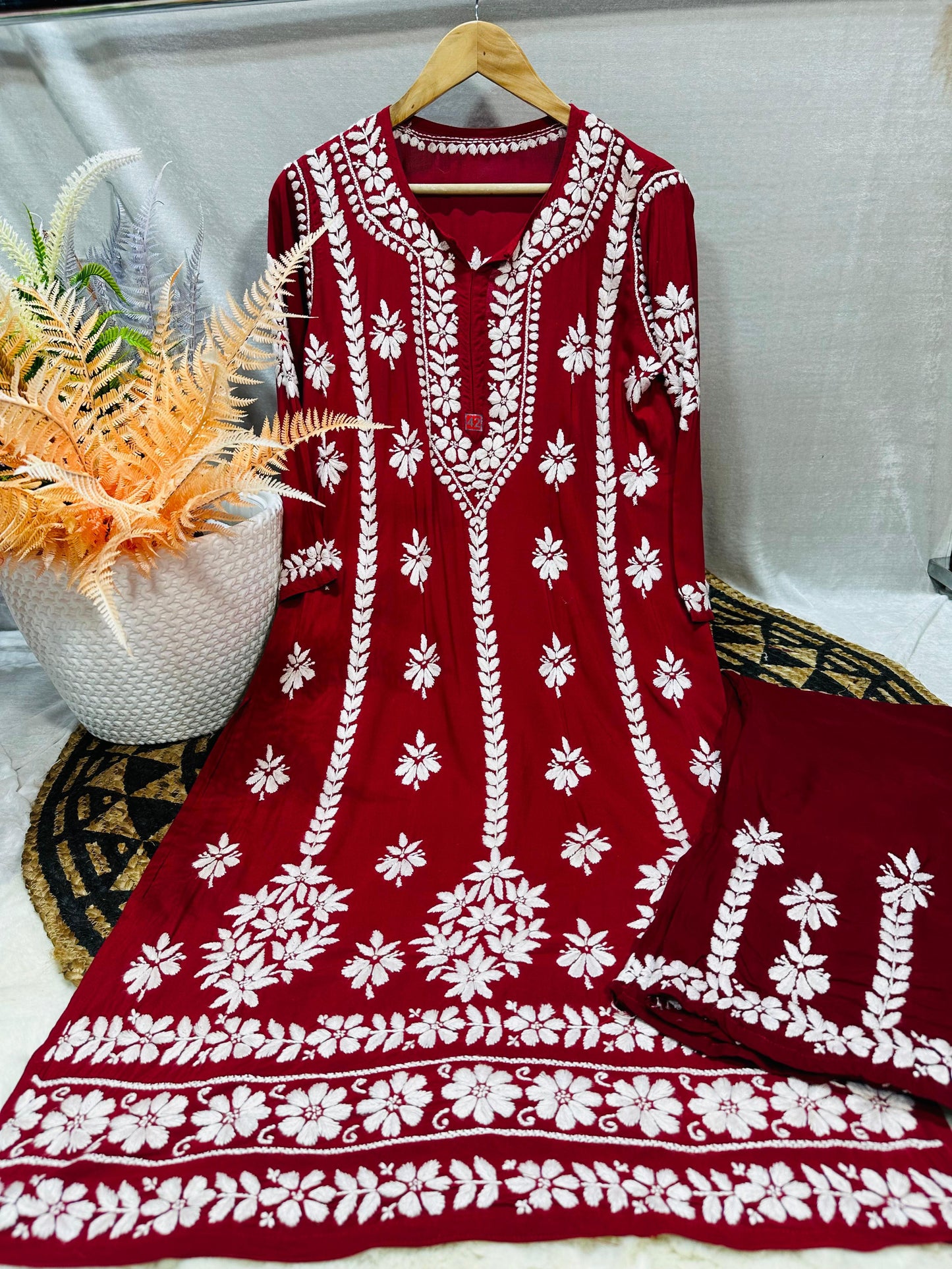 Red Lucknowi Chikankari Premium Heavy Designer Modal Palazzo Set