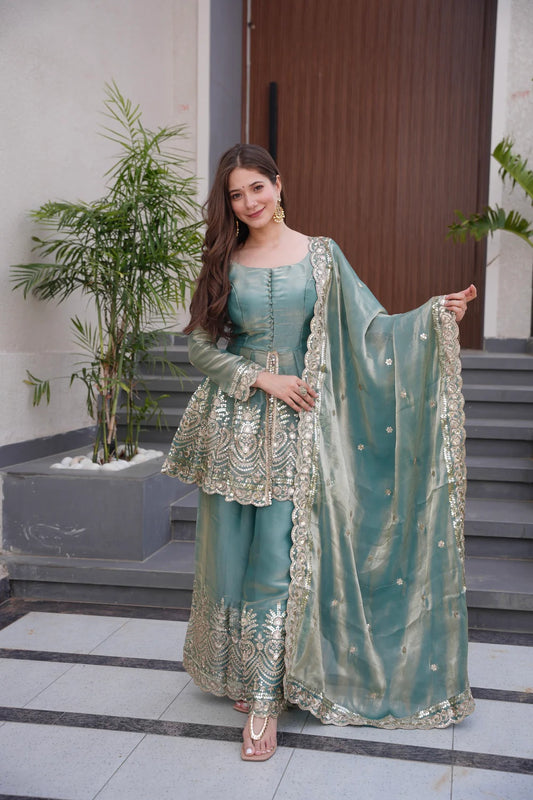 Soft teal Sage green Designer Party Wear Heavy Two-Tone Fandy Silk Top, Palazzo & Dupatta Set