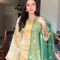 Beige & Green Designer Silk Bell Sleeves Kameez & Pant Dupatta Set