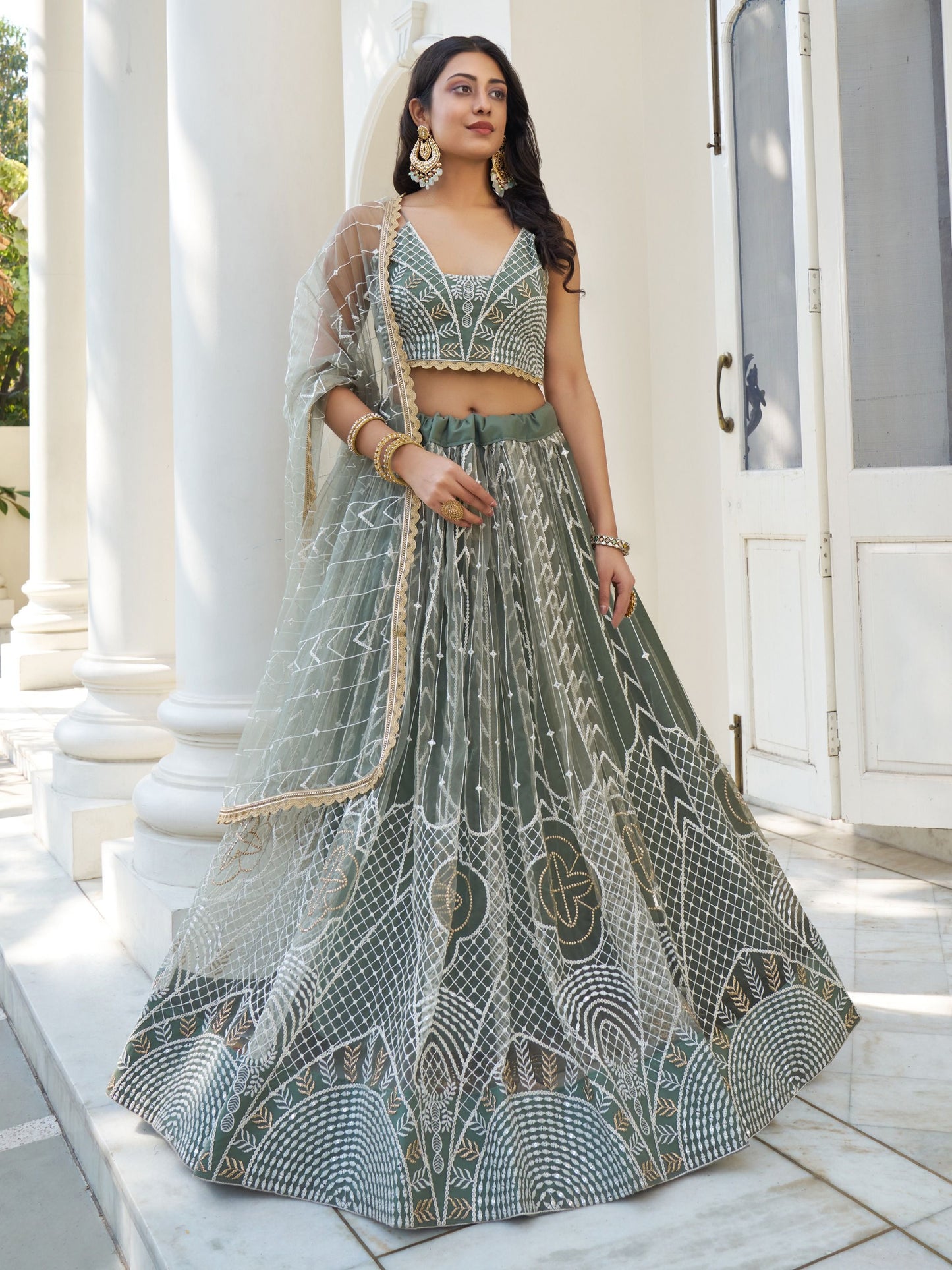 Dusty Green Designer Lehenga Choli with Intricate Embroidery