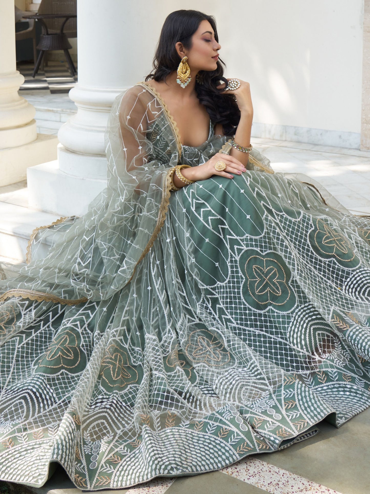 Dusty Green Designer Lehenga Choli with Intricate Embroidery