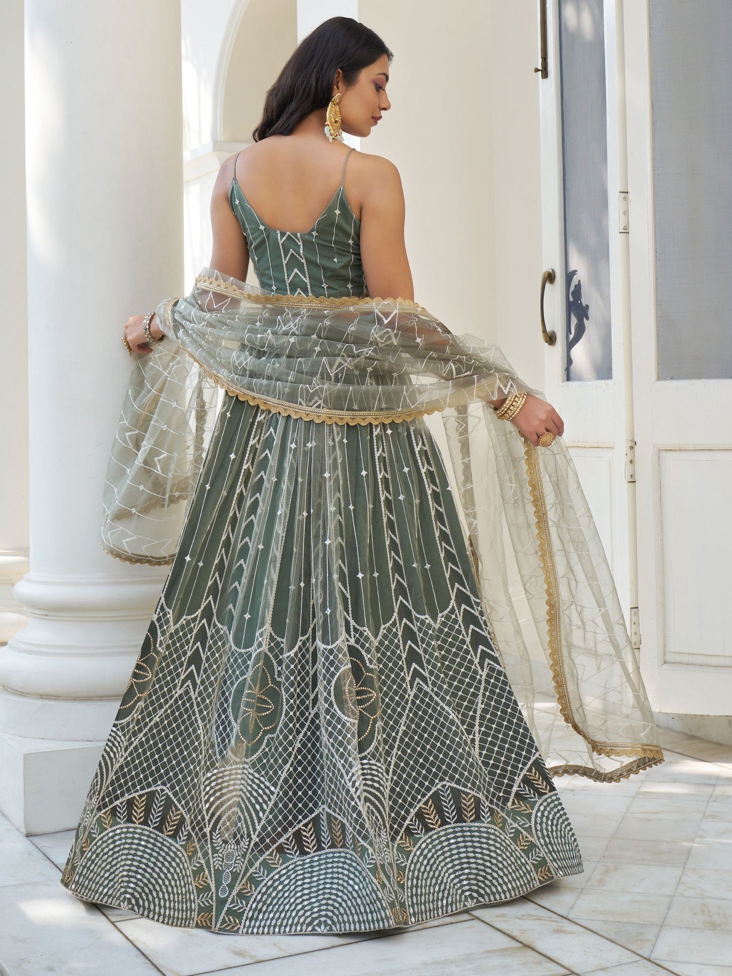 Dusty Green Designer Lehenga Choli with Intricate Embroidery