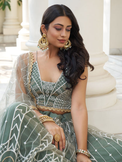 Dusty Green Designer Lehenga Choli with Intricate Embroidery