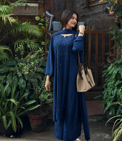 Deep Ocean Blue Premium Rayon Chikankari Kurta Palazzo Dupatta Set | Hand Embroidered with Mukesh Work (Plus Sizes)
