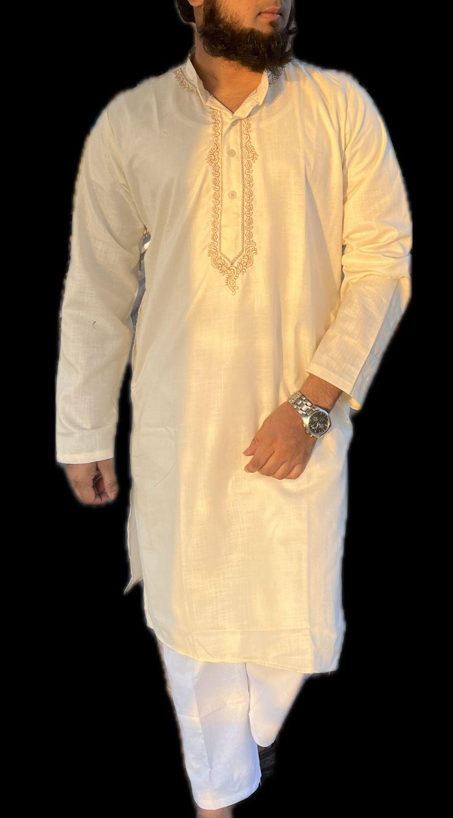 Off White Regal Essence Men's Embroidered Kurta Set - Inayakhan Shop 