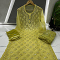 Olive Green Chikankari Elegance Ombré Mirror Booti Jaal Set - Kurti, Sharara & Dupatta