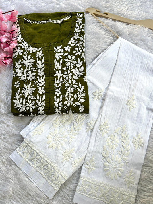 Olive Green Divine Comfort: Pure Cotton Kurti and Pant Set - Inayakhan Shop 