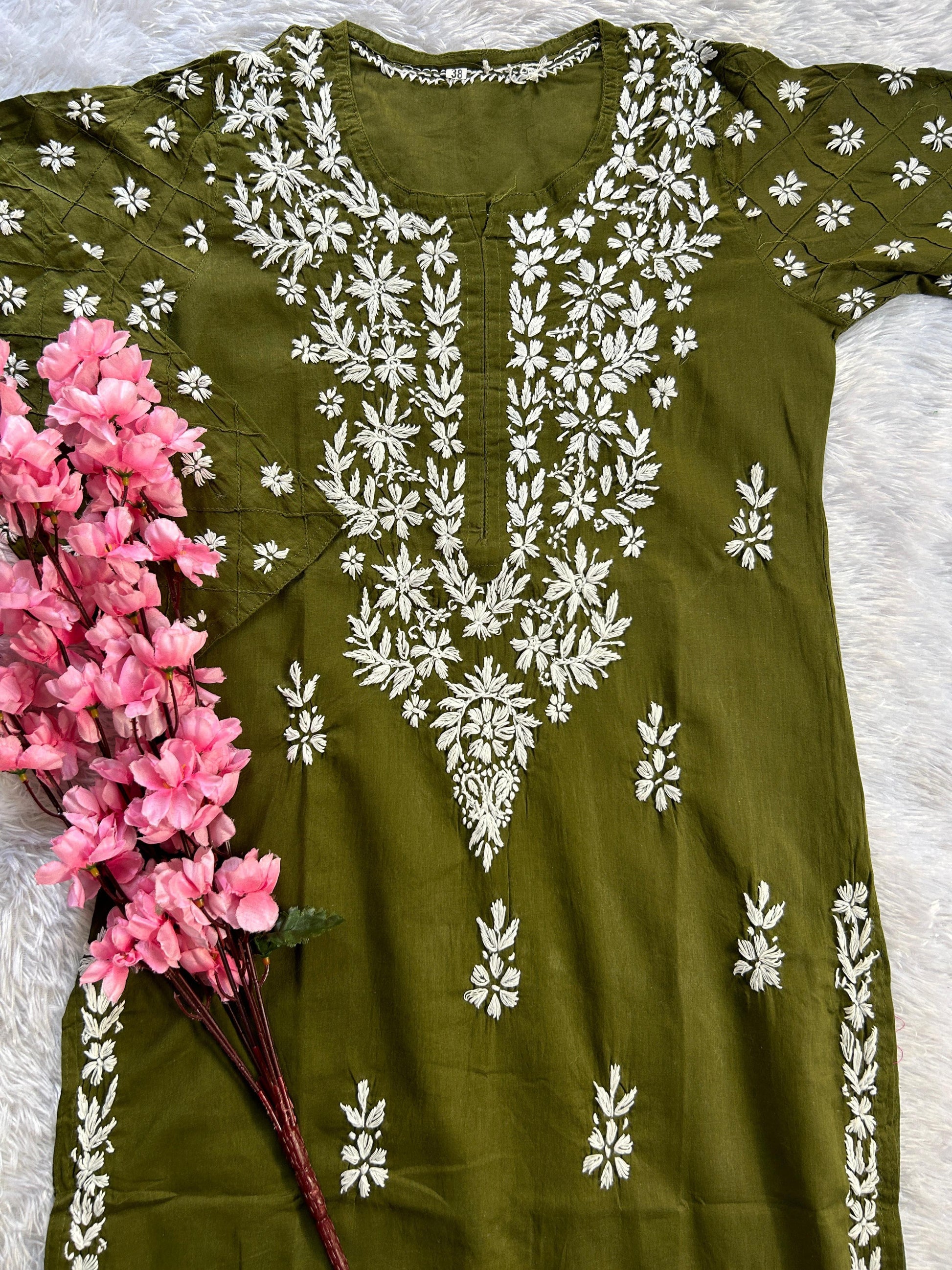 Olive Green Divine Comfort: Pure Cotton Kurti and Pant Set - Inayakhan Shop 