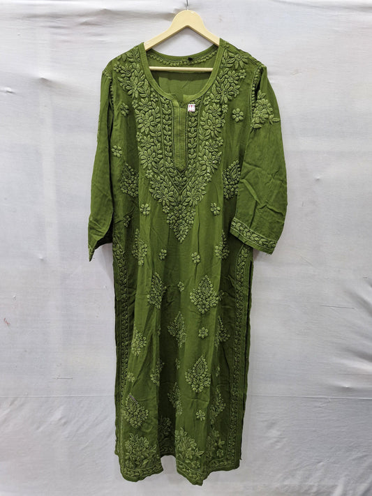 Olive Green Elegant Viscose Daman Designer 3D Chikankari Long Kurti - Inayakhan Shop 