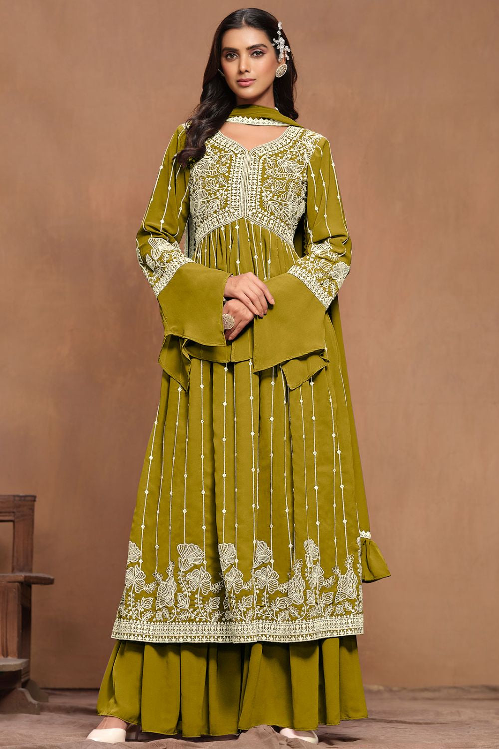 Green Elegant Party Wear Salwar Palazzo Kameez with Dupatta