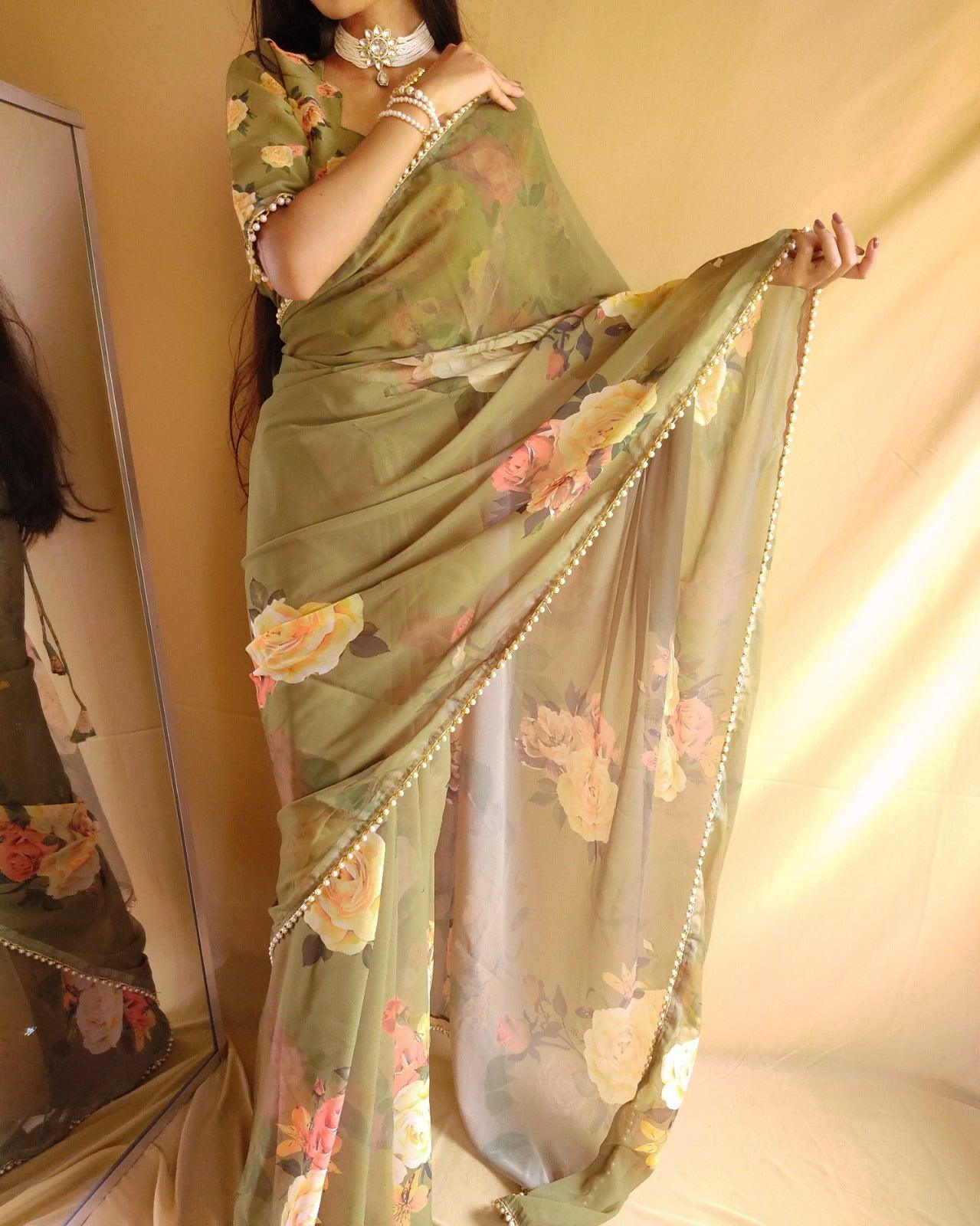 Olive Green Floral Summer Classy Georgette Printed Saree with Pearl Lace Border - Inayakhan Shop 