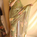 Olive Green Floral Summer Classy Georgette Printed Saree with Pearl Lace Border