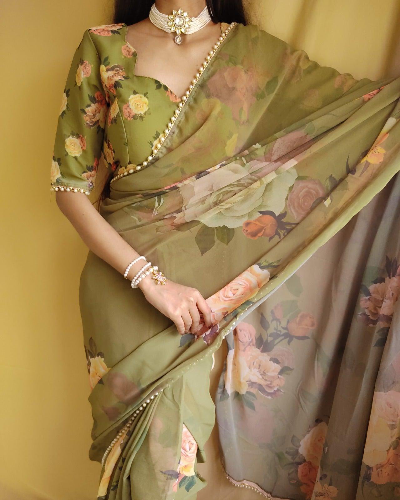 Olive Green Floral Summer Classy Georgette Printed Saree with Pearl Lace Border - Inayakhan Shop 