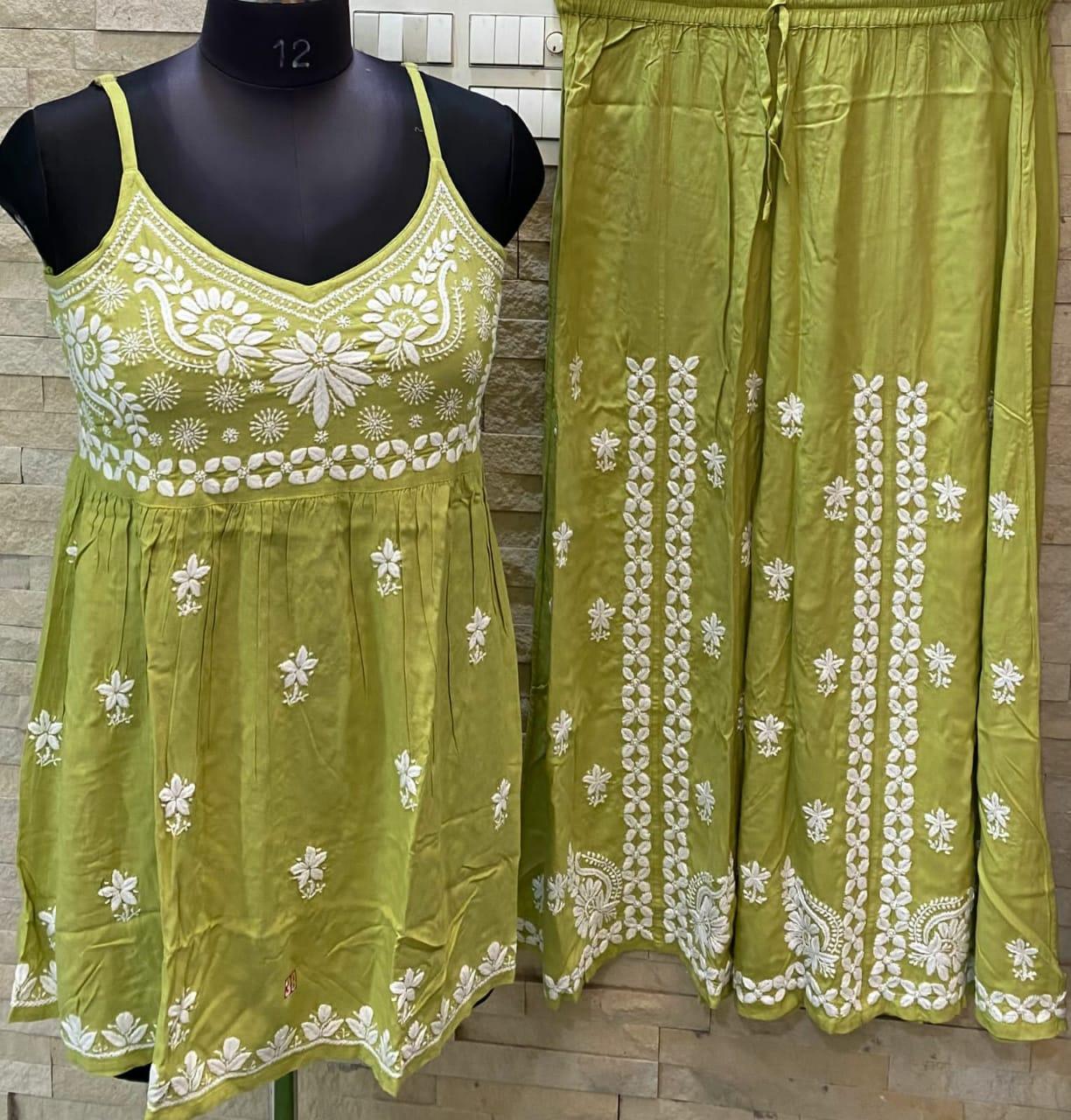 Olive Green Modal Cotton Lucknow Chikankari Strap Short Top with Heavy work Palazzo Set - Inayakhan Shop 