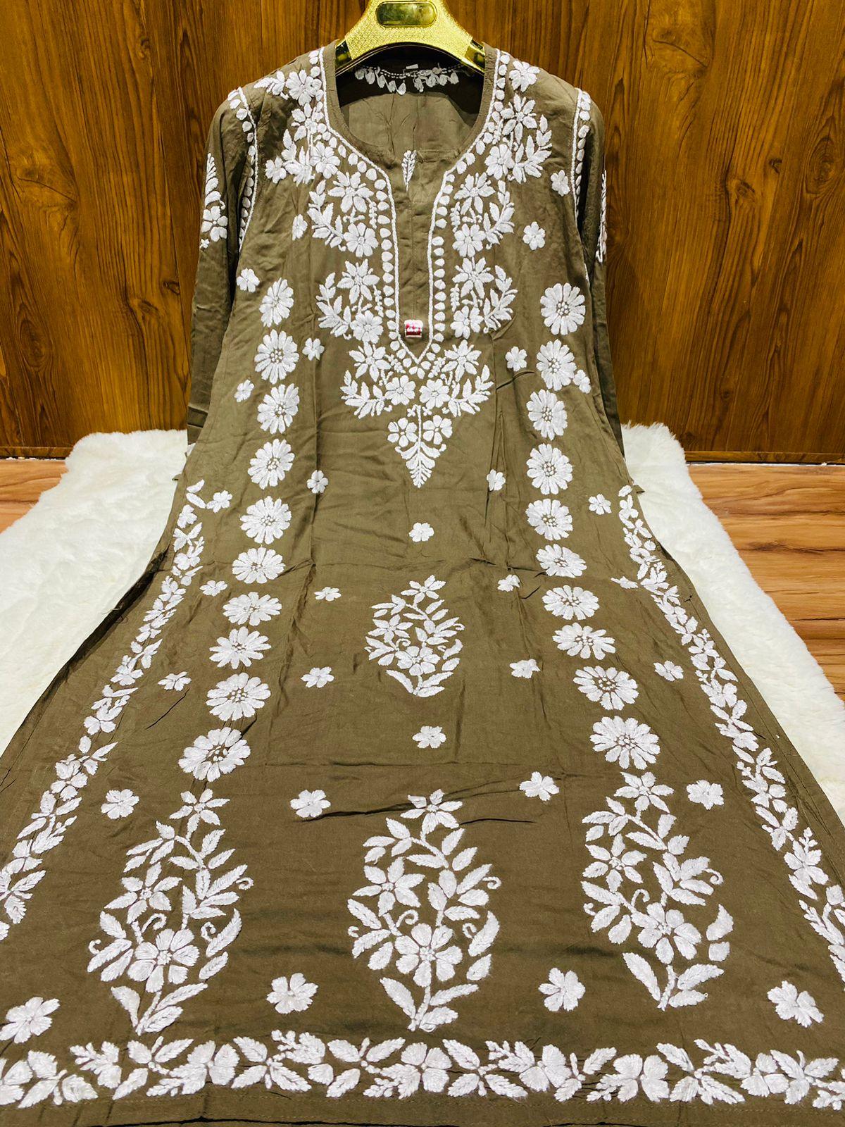 Olive Lucknowi Chikankari Heavy Beautiful Latest Design Modal Kurti - Inayakhan Shop 