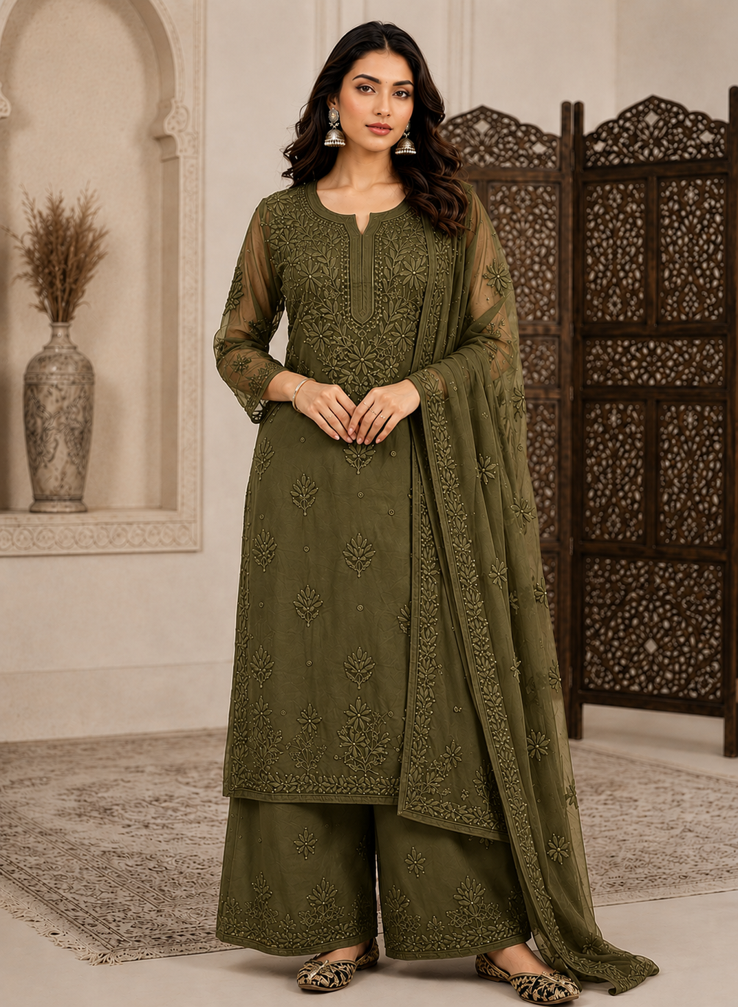 Olive Green Viscose 3D Work Handcrafted Lucknow Chikankari Set