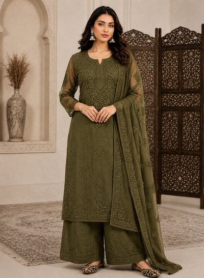 Olive Green Viscose 3D Work Handcrafted Lucknow Chikankari Set