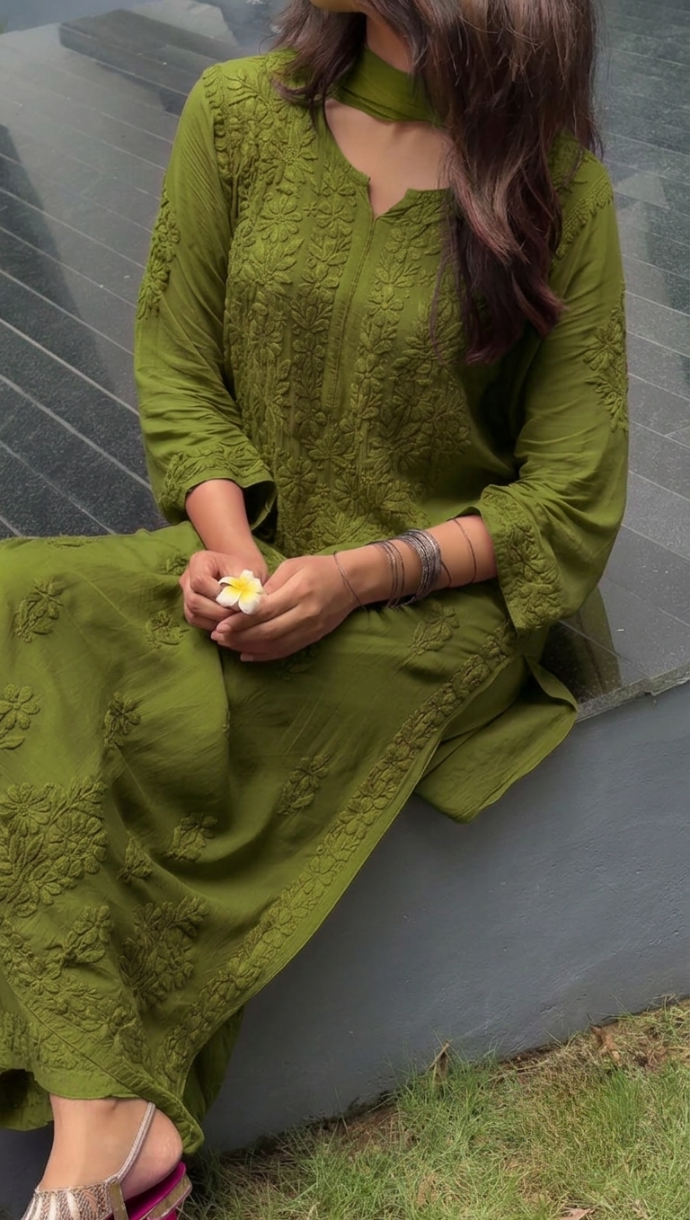 Olive Green Lucknowi Chikankari Modal Cotton Kurta Palazzo Set with Dupatta