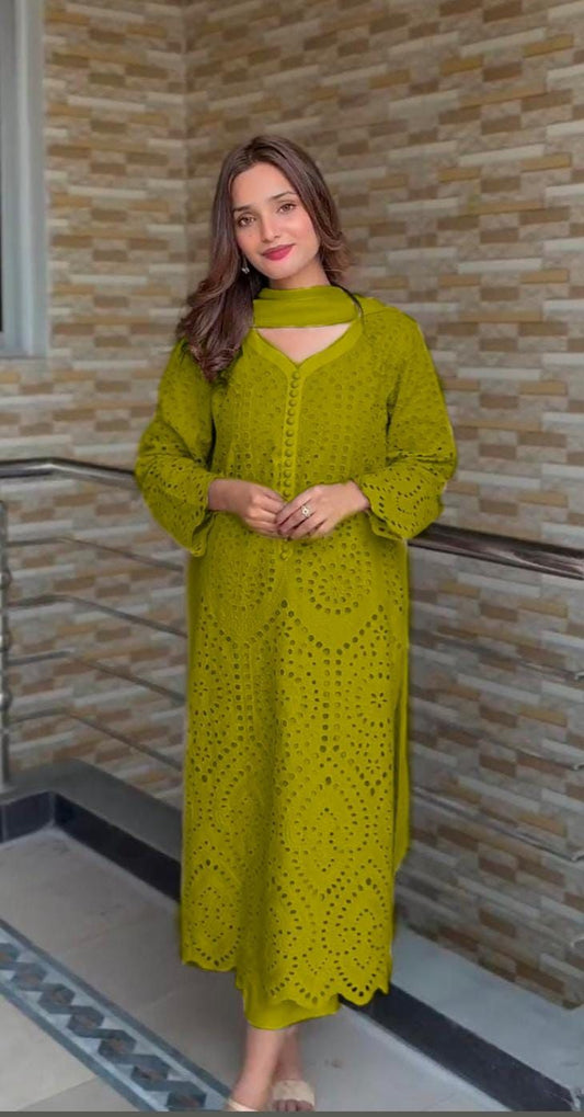 Olive Green Chikan Hakoba Designer Ready-to-Wear Suits Plus Sizes available