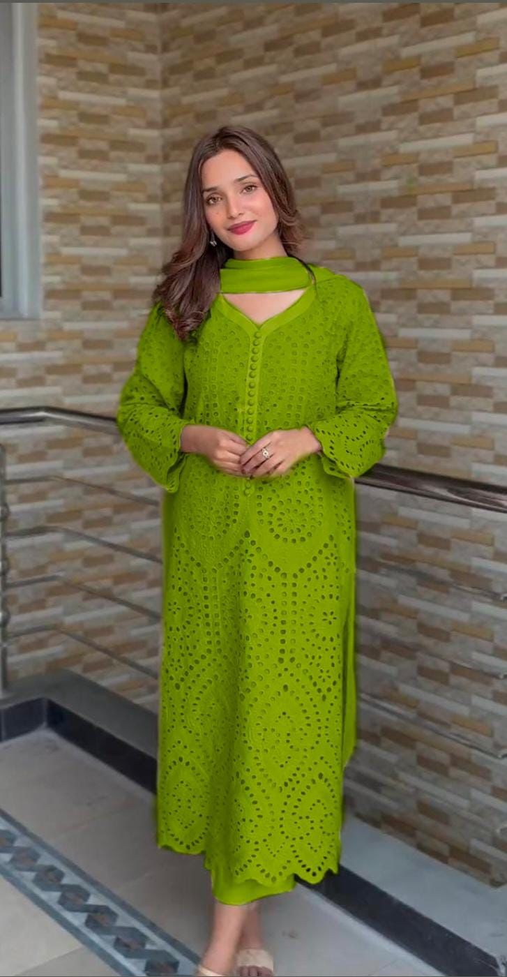 Green Chikan Hakoba Designer Ready-to-Wear Suits Plus Sizes available