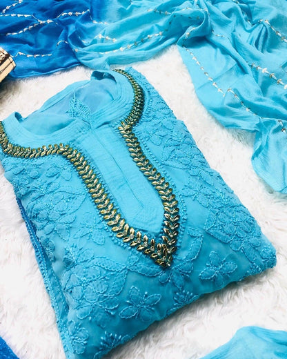 Ombre Blue Georgette Chikankari Suit with Beautiful Handwork Embroidery Latest Online - Inayakhan Shop 