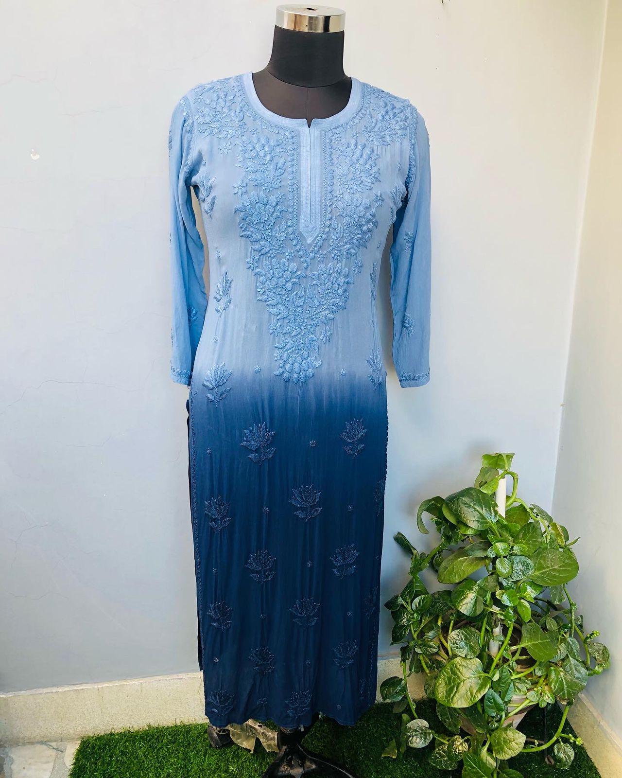 Ombre Blue Viscose Chikankari Kurti with 3-D Thread Handwork Embroidery Latest Online - Inayakhan Shop 