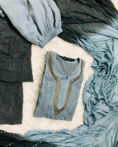 Best Seller Ombre Grey Georgette Chikankari Suit with Beautiful Handwork Embroidery Latest Online