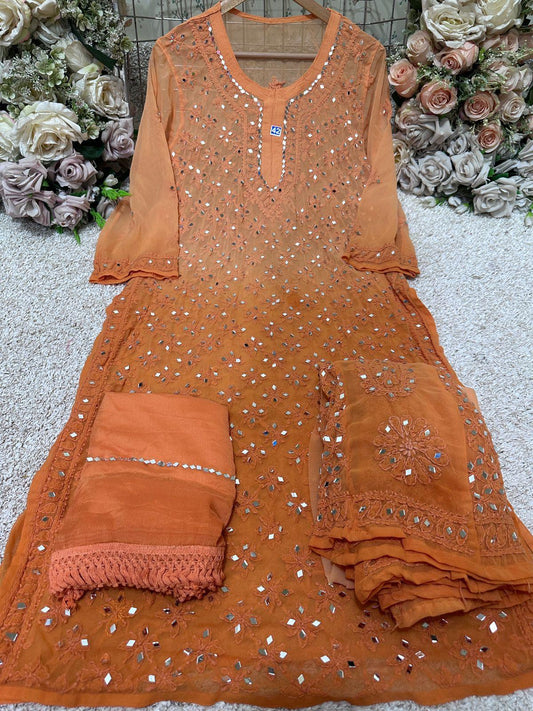 Ombre Orange Heavy Georgette Kurti with Potli Handmade Buttons & Mirror Jaal Shopping Online - Inayakhan Shop 