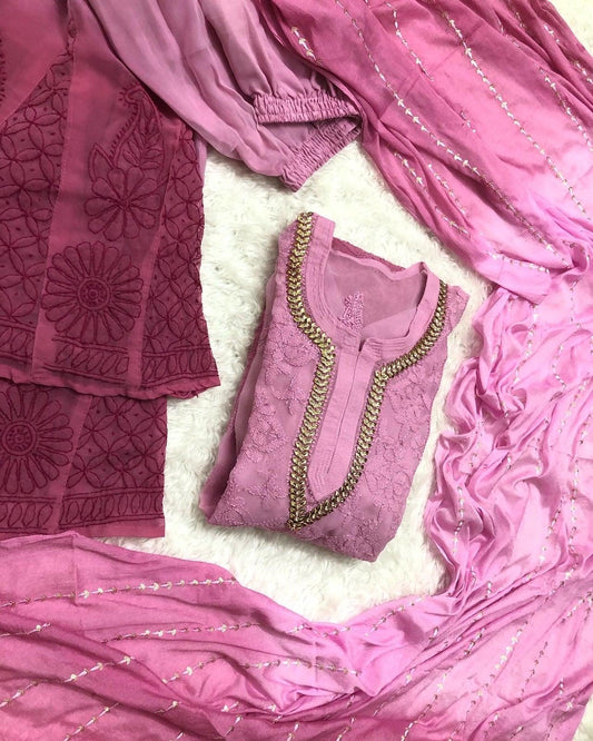 Ombre Pink Georgette Chikankari Suit with Beautiful Handwork Embroidery Latest Online - Inayakhan Shop 