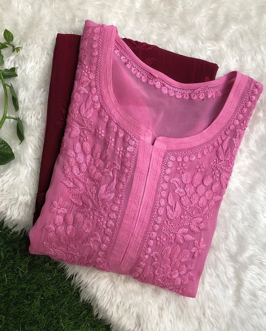 Ombre Pink Viscose Chikankari Kurti with 3-D Thread Handwork Embroidery Latest Online - Inayakhan Shop 