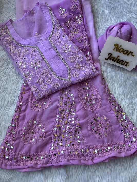 Ombre Purple Georgette Kurti with Mirror Booti Jaal Shopping Online - Inayakhan Shop 