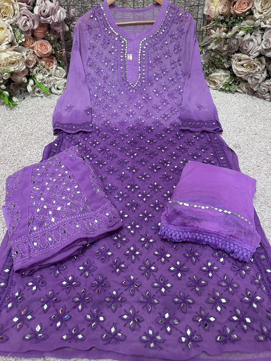 Ombre Purple Heavy Georgette Kurti with Potli Handmade Buttons & Mirror Jaal Shopping Online - Inayakhan Shop 