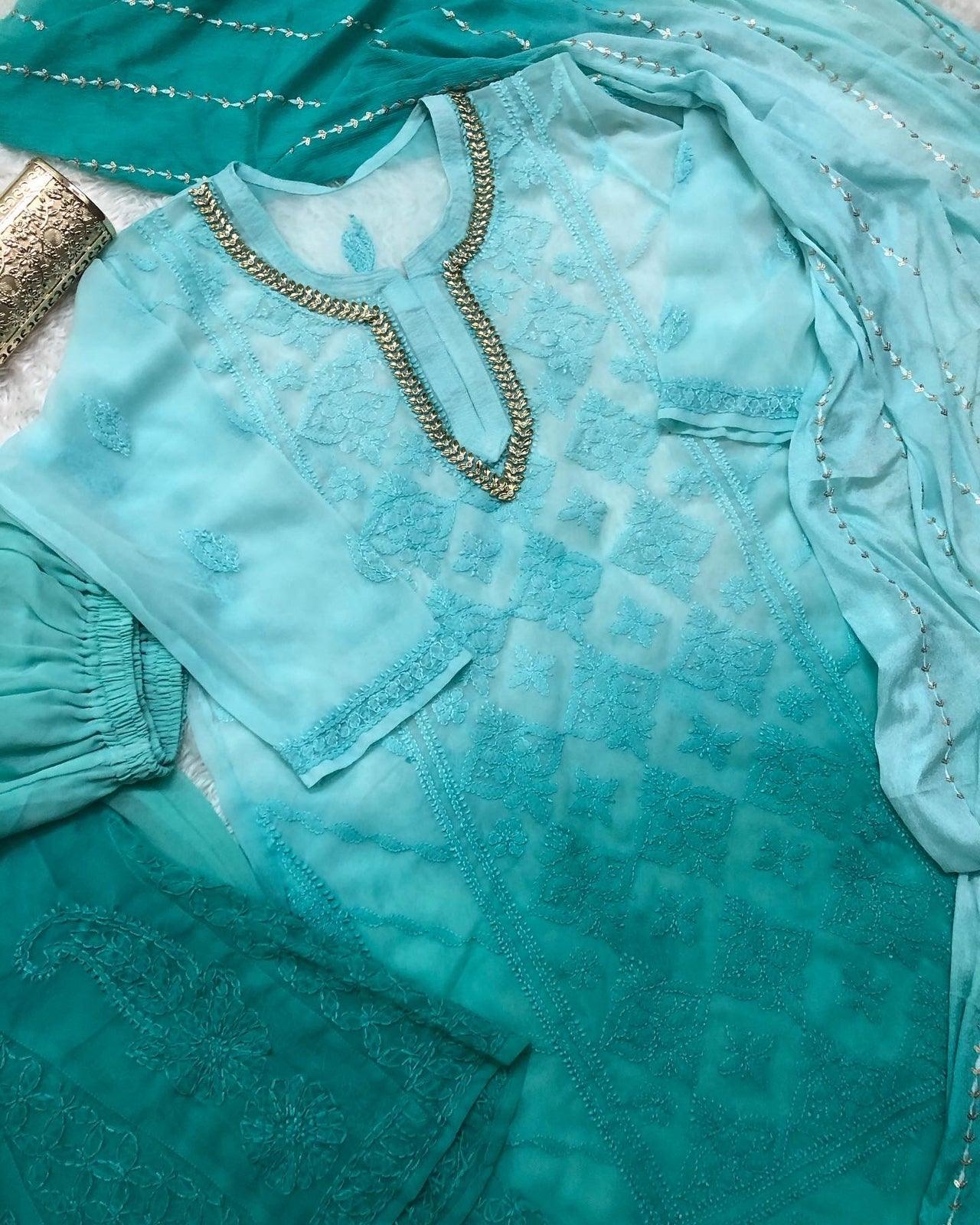 Ombre Turquoise Blue Georgette Chikankari Suit with Beautiful Handwork Embroidery Latest Online - Inayakhan Shop 