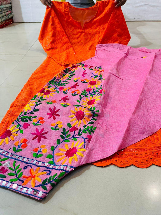 Orange and Pink Sequined Splendor Chikankari Kurti and Patiala Salwar Set - Inayakhan Shop 