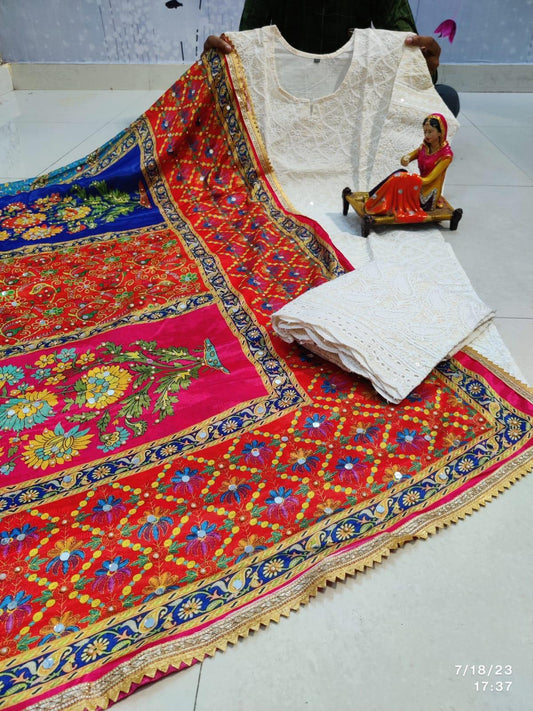 Orange Blue Multicolor Style Chikankari Elegance - Pakistani Dupatta & Kurti Palazzo Set - Inayakhan Shop 