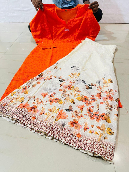 Orange Chikan Embroidered Ready-to-Wear Kurti and Mastani Sharara Set - Inayakhan Shop 