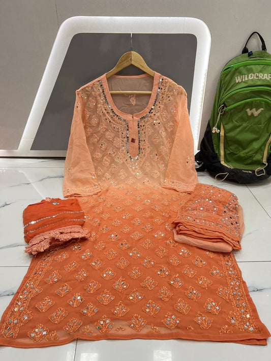 Orange Chikankari Elegance Ombré Mirror Booti Jaal Set - Kurti, Sharara & Dupatta - Inayakhan Shop 