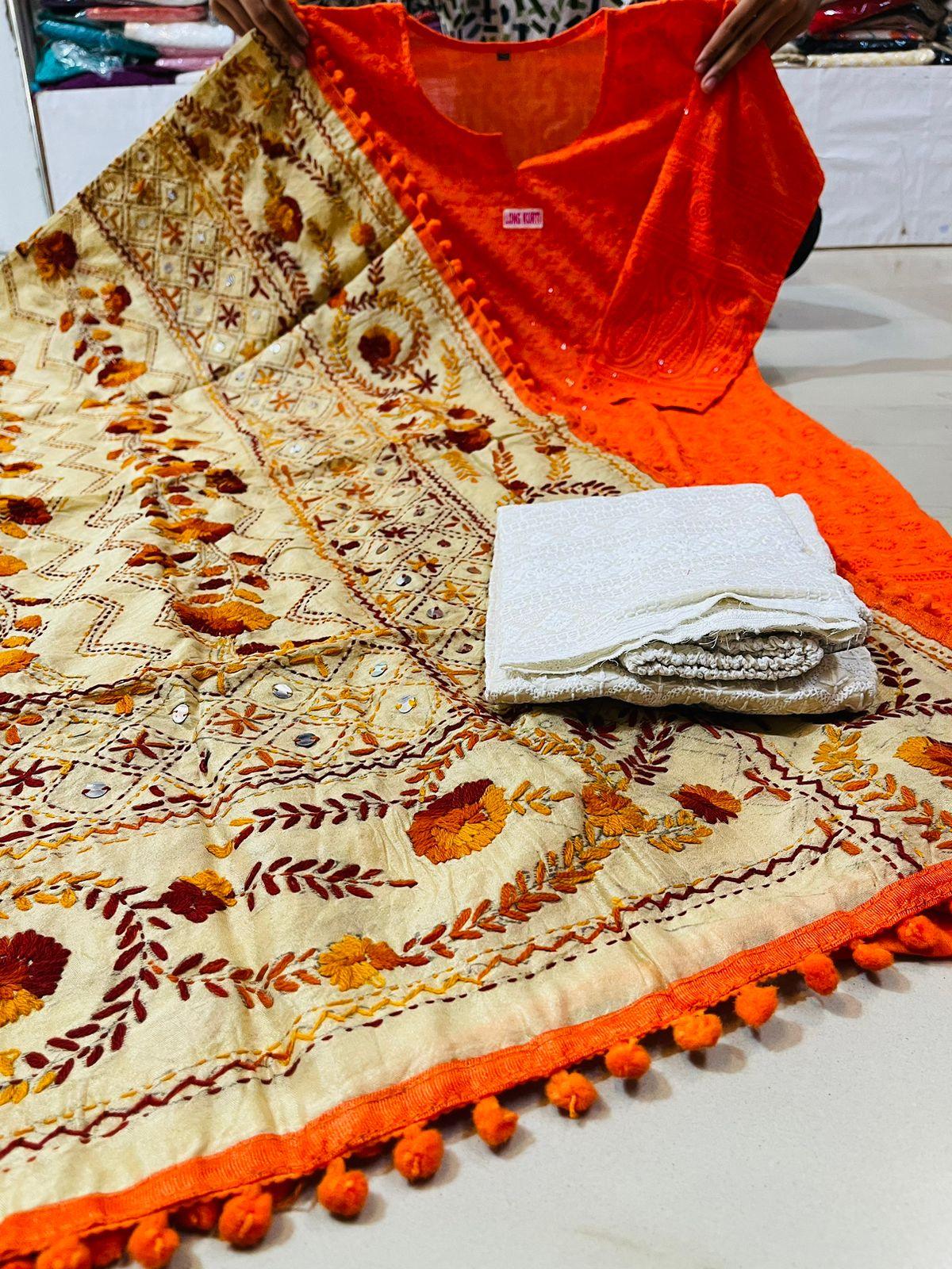 Orange Chikankari Sequence Work Ready-to-Wear 3-Piece Set: Kurti, Plazo, Dupatta - Inayakhan Shop 