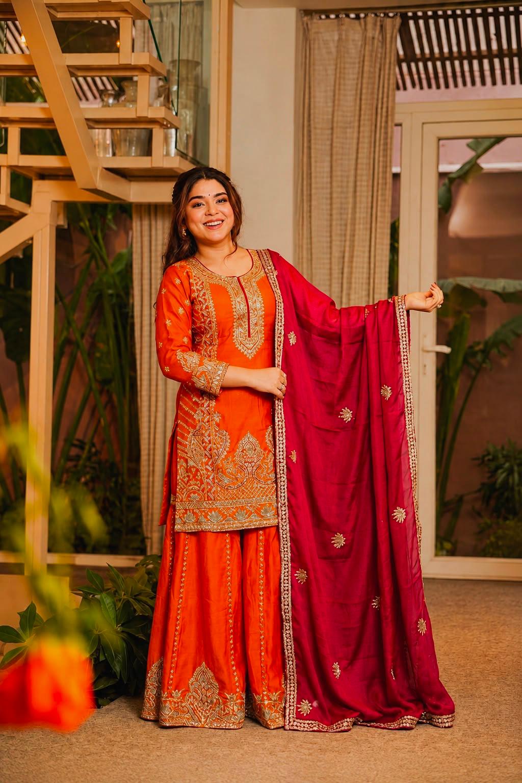 Model wearing orange Chinon silk embroidered kurti palazzo set with rani pink dupatta
