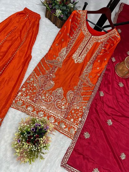 Orange Chinon silk kurti and embroidered palazzo with rani pink dupatta