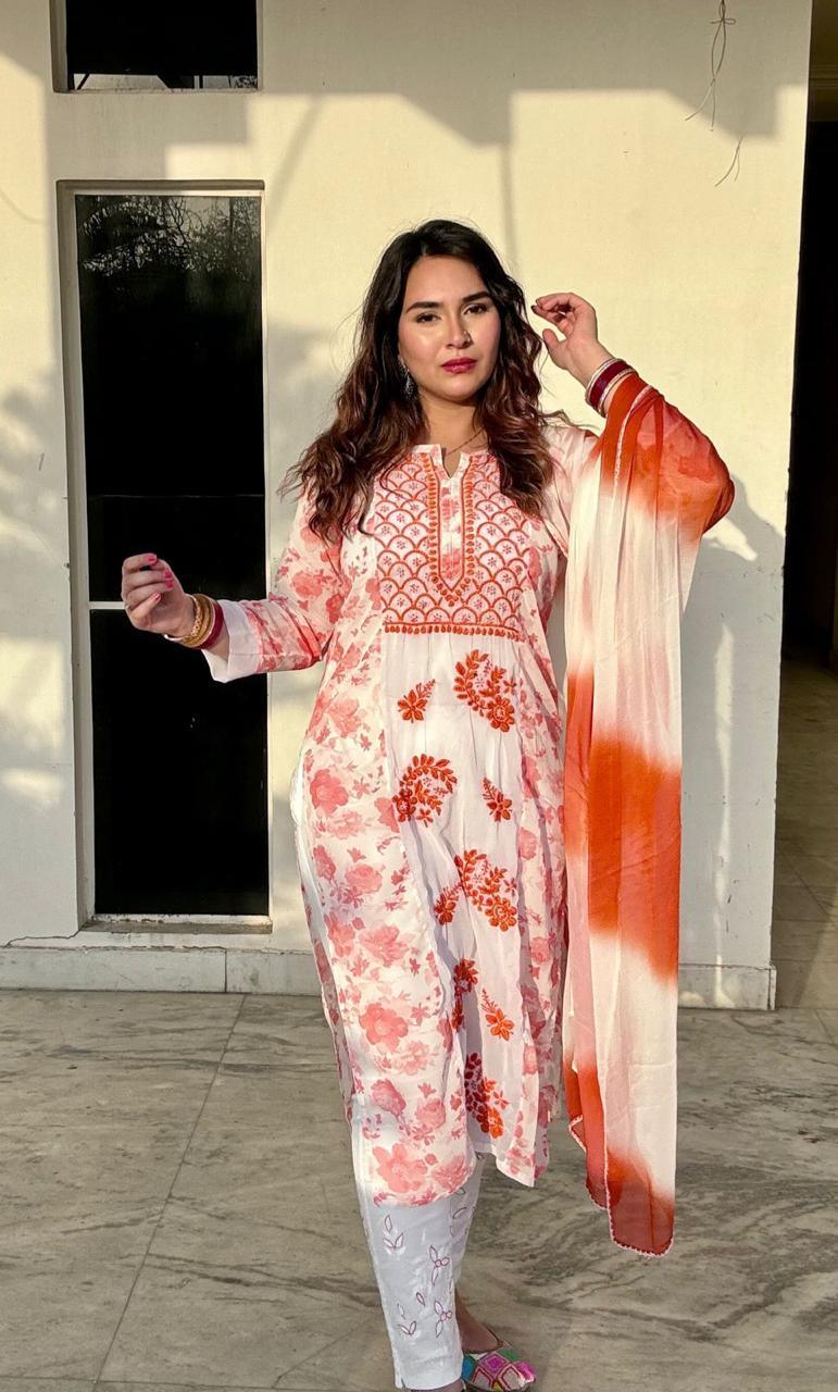 Orange Ethereal Chikankari Georgette Ensemble - Inayakhan Shop 