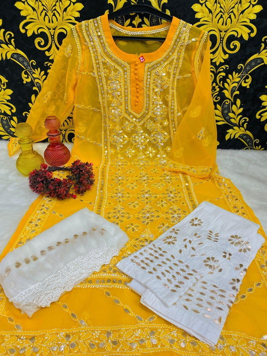 Orange Graceful Lucknawi Georgette Chikankari GotaPatti Ensemble (Inner Included) - Inayakhan Shop 