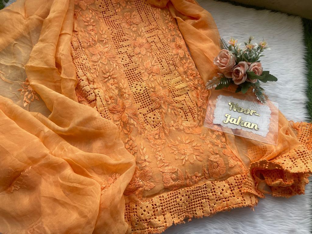 Orange Karachi Splendor: Qureshiya Crocia Suit with Dupatta - Inayakhan Shop 